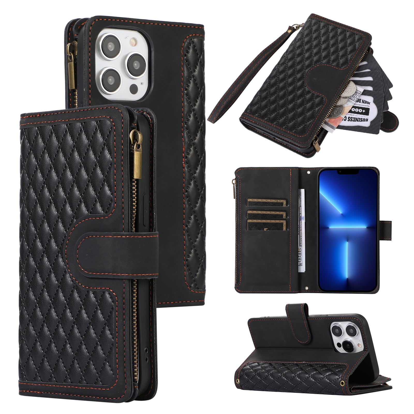 Pro iPhone 13 Pro Max 6,7 palce PU kůže 9 slotů pro karty Peněženka Pouzdro na telefon Potištěný zip Kapesní vyklápěcí stojánek Pro iPhone 13 Pro Max 6,7 palce PU kůže 9 slotů pro karty Peněženka Pouzdro na telefon Potištěný zip Kapesní vyklápěcí stojánek